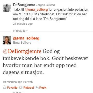 Tilbakemelding på Twitter fra Erna Solberg